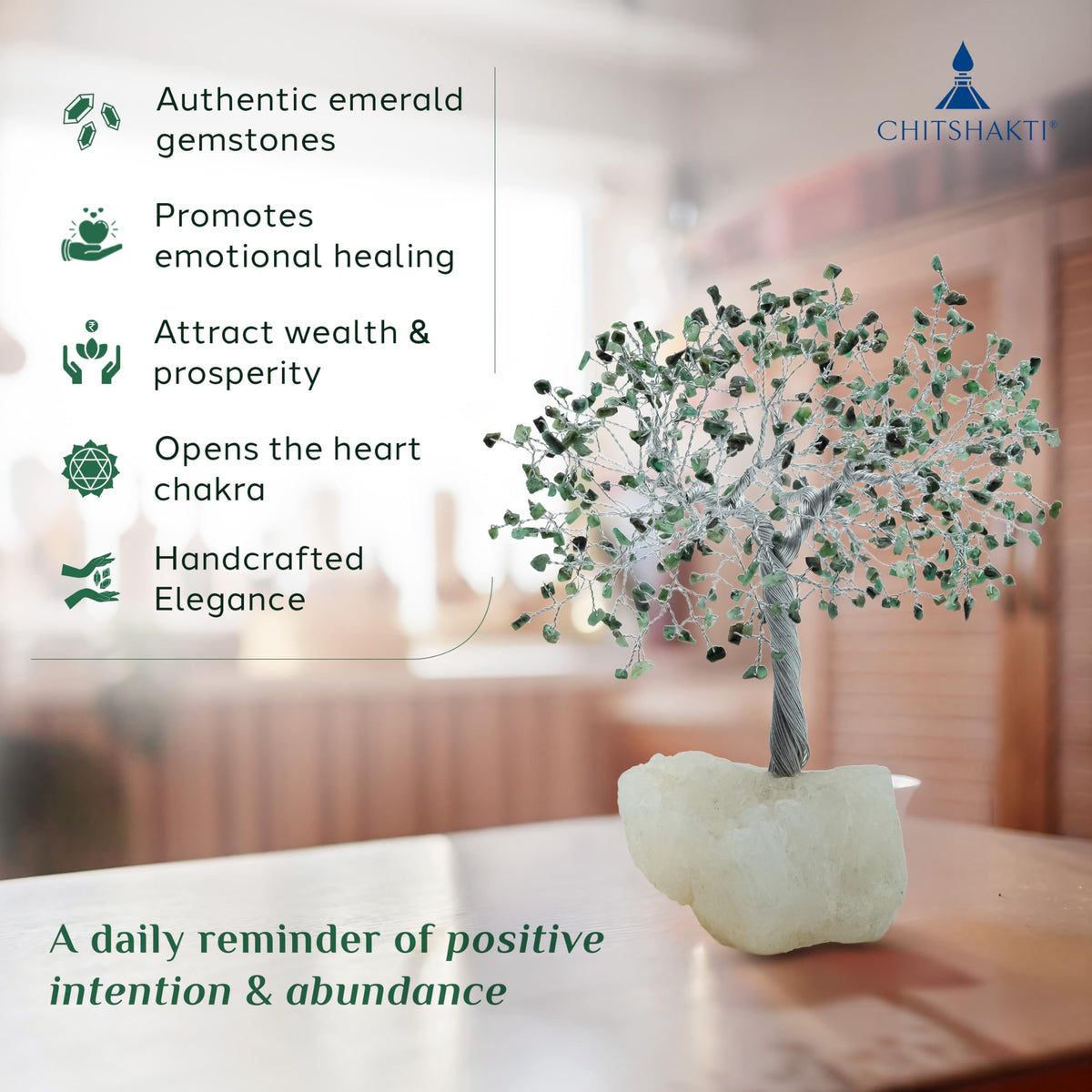 Chitshakti Emerald Crystal Tree – 500 Beads | Rakhi Return Gift for Brothers and Sisters | Positive Energy Items for Home | Healing Gemstone Tree for Prosperity | Feng Shui Home Decor Showpiece