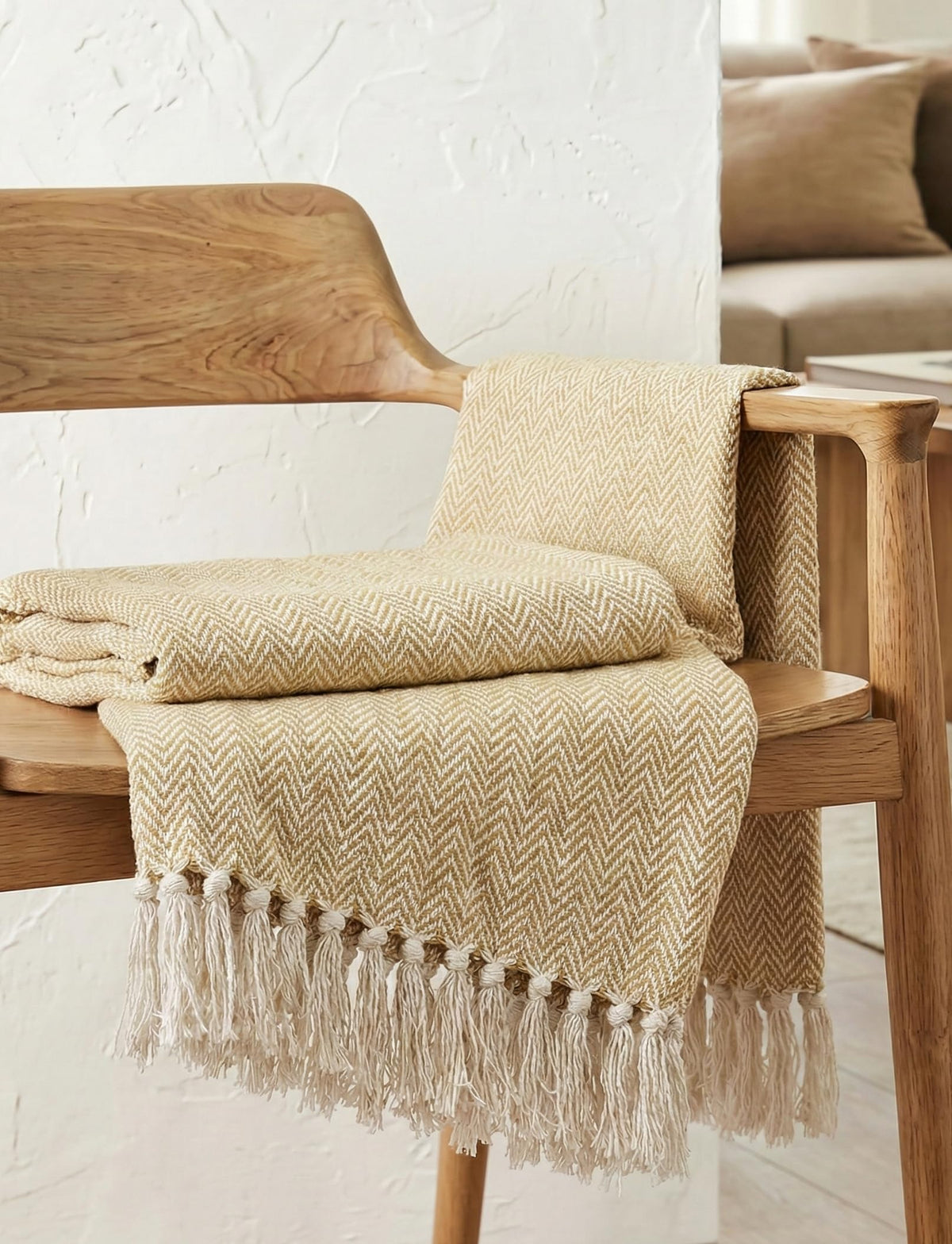 Furnistitchs Boho Cotton Sofa Throw - Chevron Zigzag Patterned Hand-Woven Throw Blanket with Tassels for Living Room, Bedroom, Car & Travel (Golden Beige, 50x60 inches) Kafalo