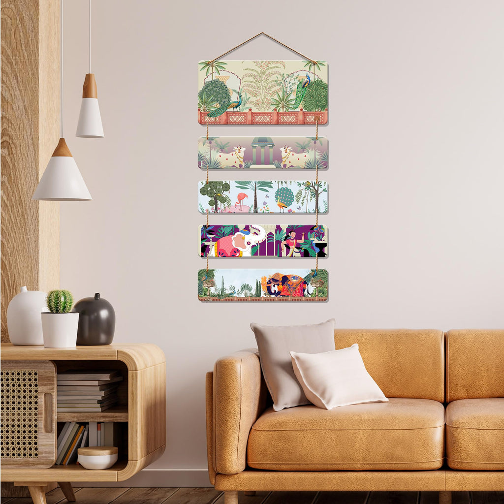 Artvibes Dancing Woman Elephant & Peacock Royal Folk Art Wooden Wall Hanger for Home Decor | Handcrafted Art | Festive Decor | Aesthetic Wooden Decor | Paintings For Wall | Ideal Gifts (WH_6727N)