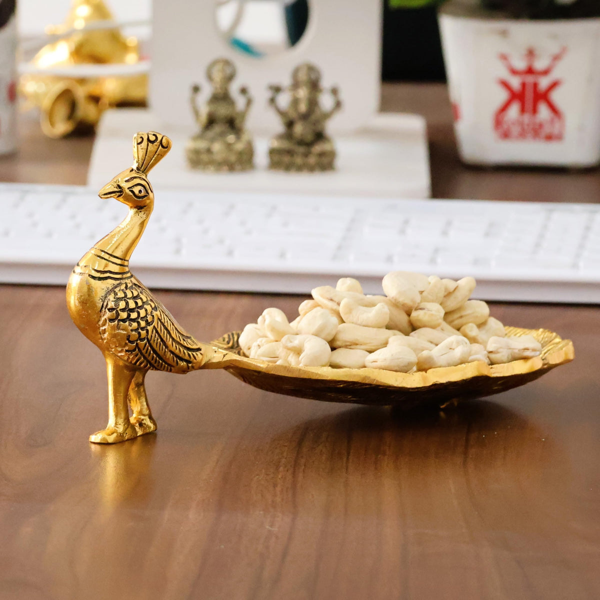 KridayKraft Hand Crafted Metal Duck Wing Shape Tray Perfect for Home Centre Table Serving Dry Fruits (Golden, Pack of 1)
