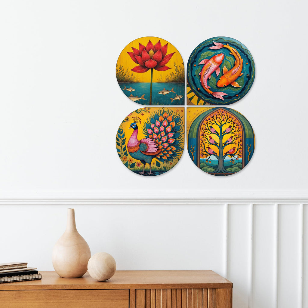 Artvibes Nature & Spiritual Wooden Handcrafted Mdf Wall Hanging | Decorative Wall Art For Bedroom | Home Decoration Items | Gifts For Women And Men (Wh_8459N) - Set Of 4