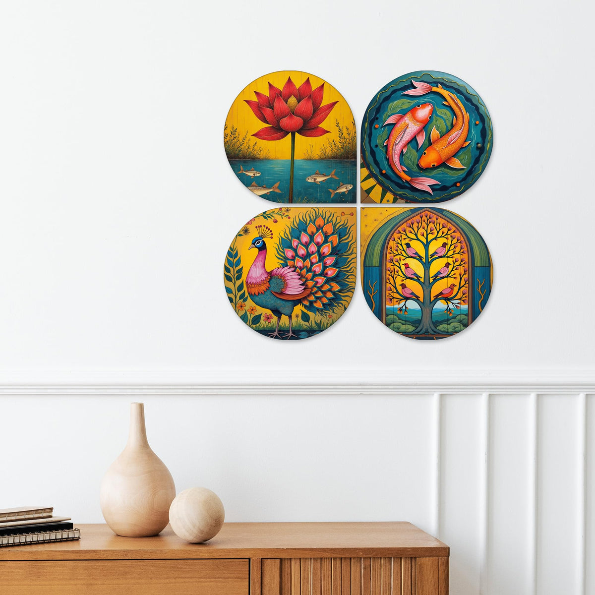 Artvibes Nature & Spiritual Wooden Handcrafted Mdf Wall Hanging | Decorative Wall Art For Bedroom | Home Decoration Items | Gifts For Women And Men (Wh_8459N) - Set Of 4