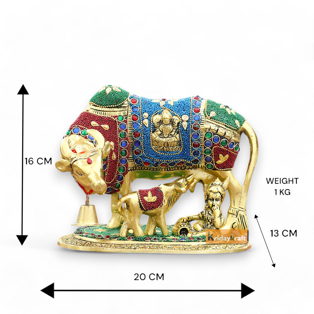 KridayKraft Kamdhenu Cow Calf Bal Gopal Krishna Metal Statue, Gold Stone XL