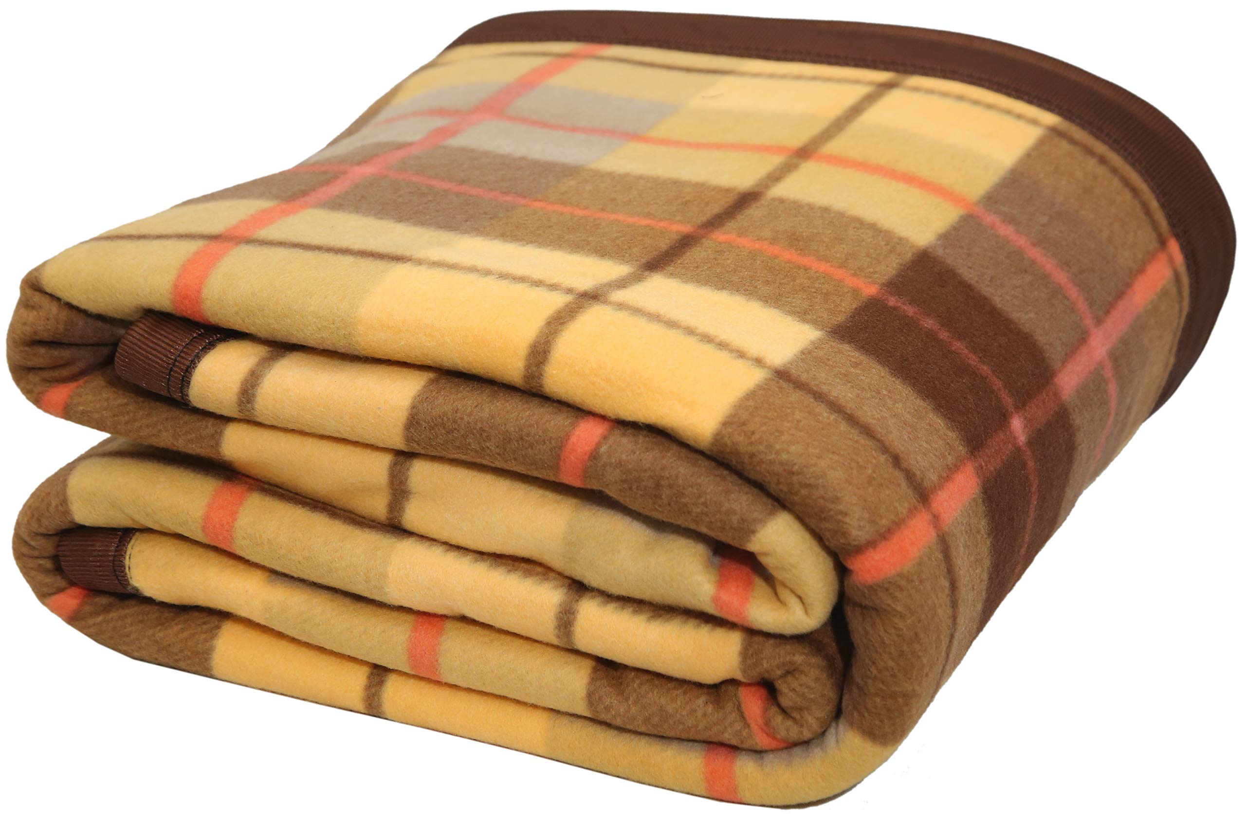 Goyal's Modern Check All Season Polar Fleece Double Bed Blanket 500TC, 90x90 Inches - Golden Brown Kafalo
