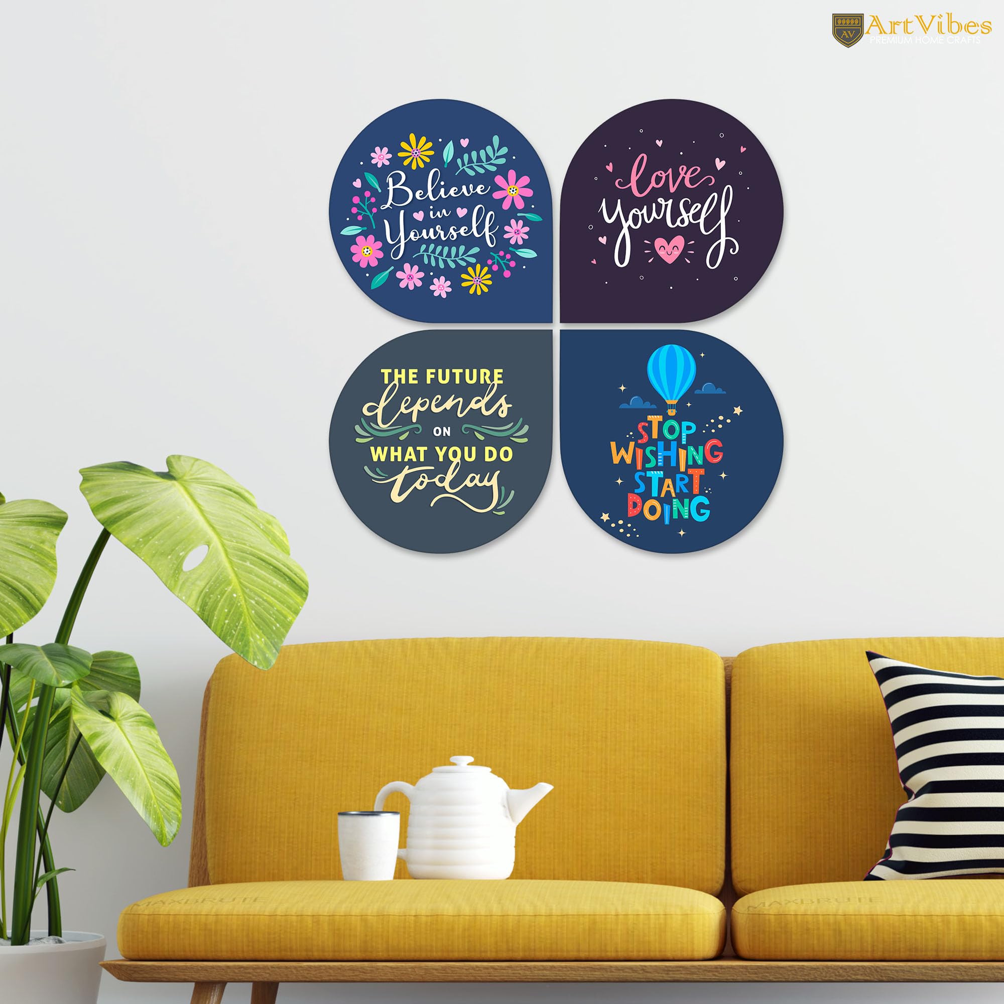 Artvibes Believe in Your Self Inspirational Quote MDF Wood Wall Hanger Ornaments For Home Office | Quotes Decor Item | Motivational Wall Decor | Wall Accent | Graphic Art | Gifts (WH_8413NV), Set of 4