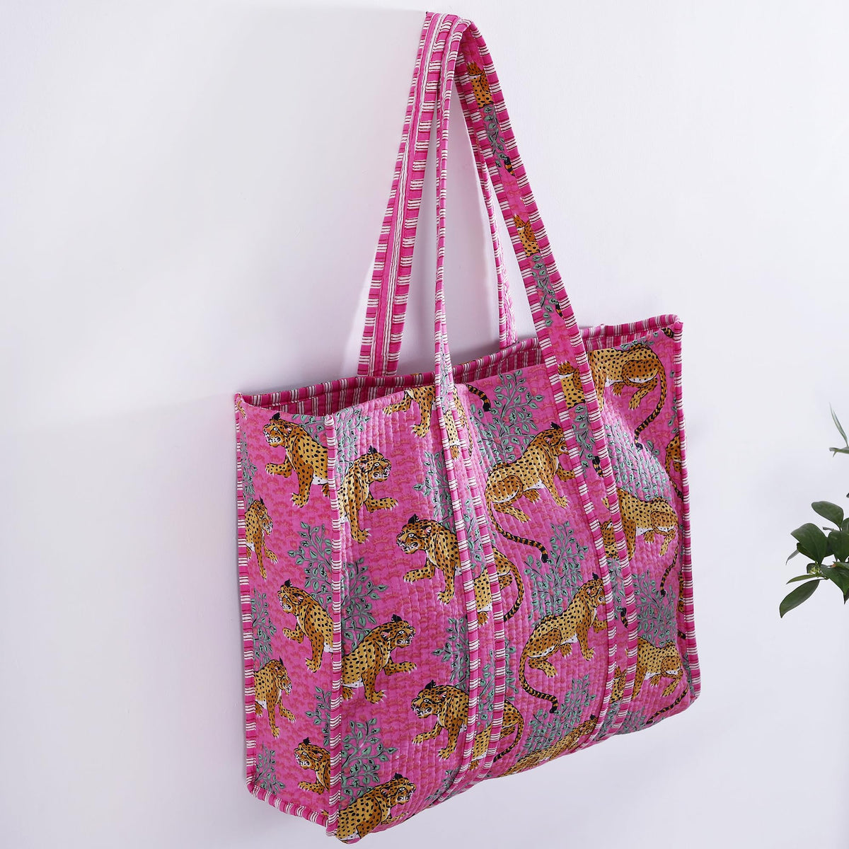 Ravaiyaa - Attitude is everything Women & Man Beautiful Printed Cotton Grocery Shopping Bag | Shoulder Bag | Cotton Tote Bag | Travel Tote Bags 18x5.5x16 Inch (Pink Jaguar)