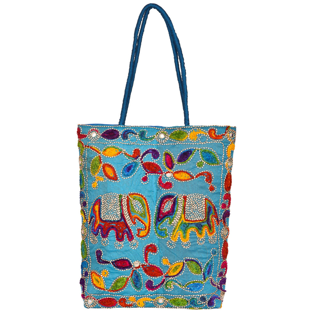 Craft Trade Women's Sky Blue Cotton Tote Bag with Zip Closure Elephant Printe Embroidered Shopping Bags - 38x34x5 CM