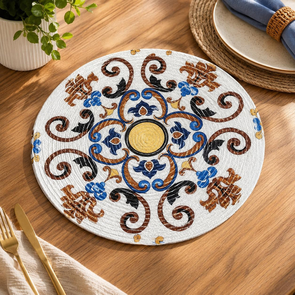 SEHAJ HOME DECOR Cotton Printed Round Table Mat (38x38 cm) - Pack of 1 (Single PCS) (Multi 1) Kafalo