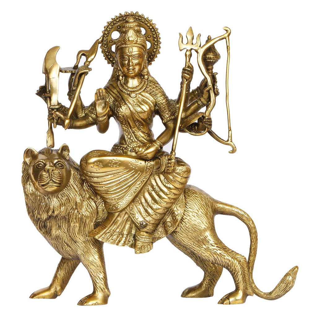 Artavrko Brass Durga Maa/Sherawali MATA Devi/Goddess Sitting on Lion Ten Arms Statue Idol for Home Décor Puja Temple Mandir Showpiece Gifts 11.5 Inch