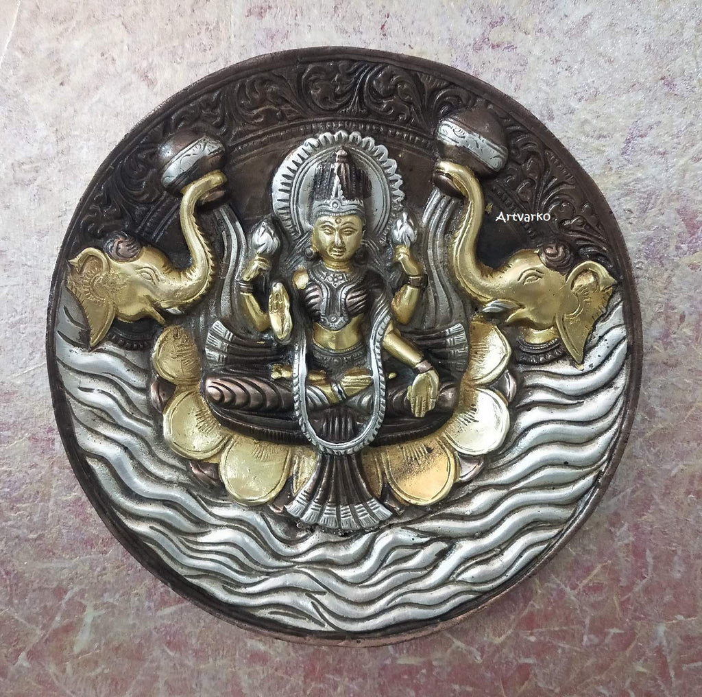 ARTVARKO Goddess Lakshmi Carved Brass Gajalakshmi Laxmi Devi Idol Entrance Door Wall Decor Hanging (Copper Gold & Silver Finish 7.5 Inch)