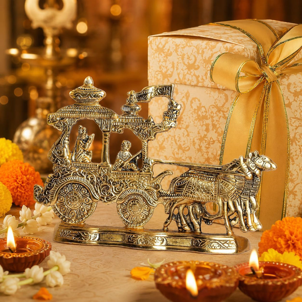 KridayKraft Lord Krishna and Arjun Rath Chariot with Two Horses Decorative Showpiece Metal Gold Plated Antique Krishna Arjuna Rath Wall Hanging & Table Corner Decor