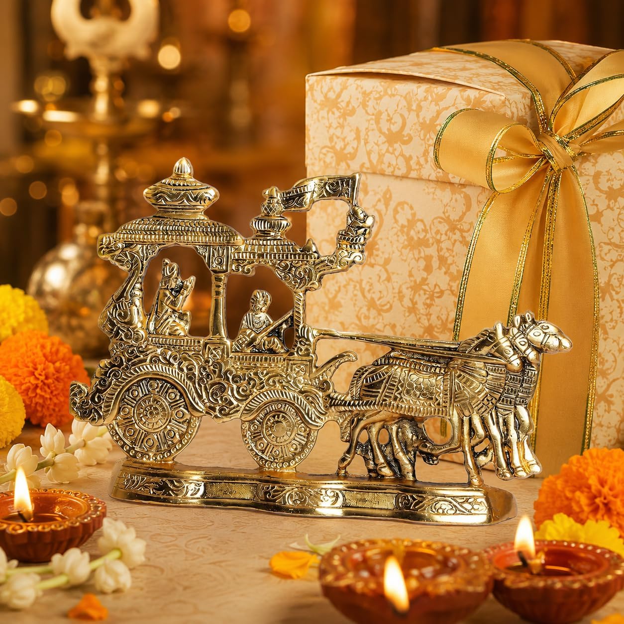 KridayKraft Lord Krishna and Arjun Rath Chariot with Two Horses Decorative Showpiece Metal Gold Plated Antique Krishna Arjuna Rath Wall Hanging & Table Corner Decor