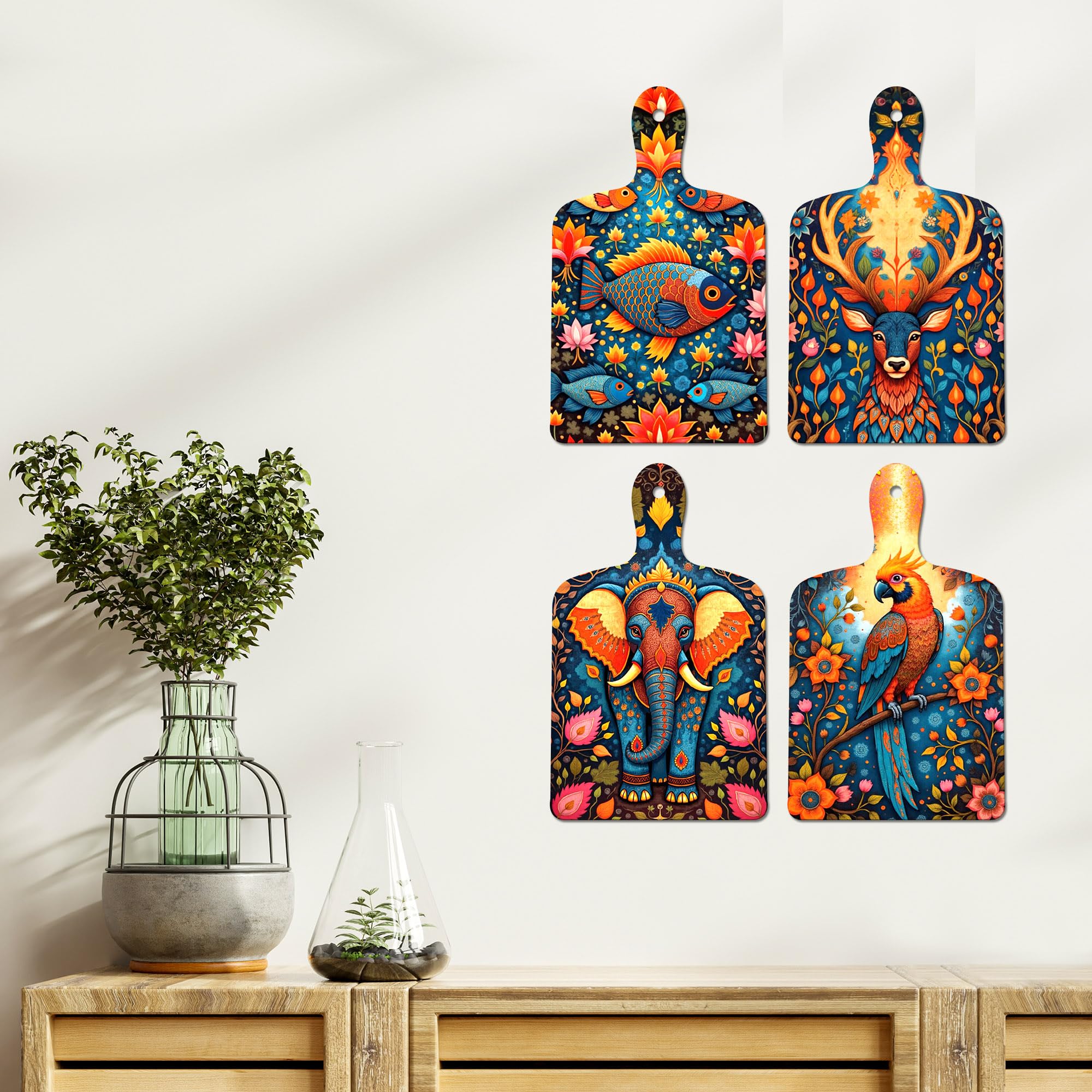 Artvibes Elephant Deer Parrot & Fish Royal Madhubani Art Wooden Art Decoration Item for Home | Handcrafted Art | Graphic Artwork | Wall Illustrations | Sceneries | Gift Items (WH_5634N), Set of 4