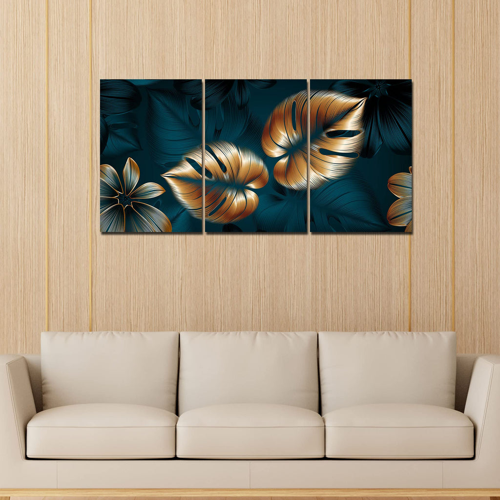 VIBECRAFTS 3 Pieces Beautiful Flower & Monstera Leaves Canvas Wall Painting Fitted With Wooden Frame For Home | Office | Living Room | Gifts(PTVC3Pcs3_11509)