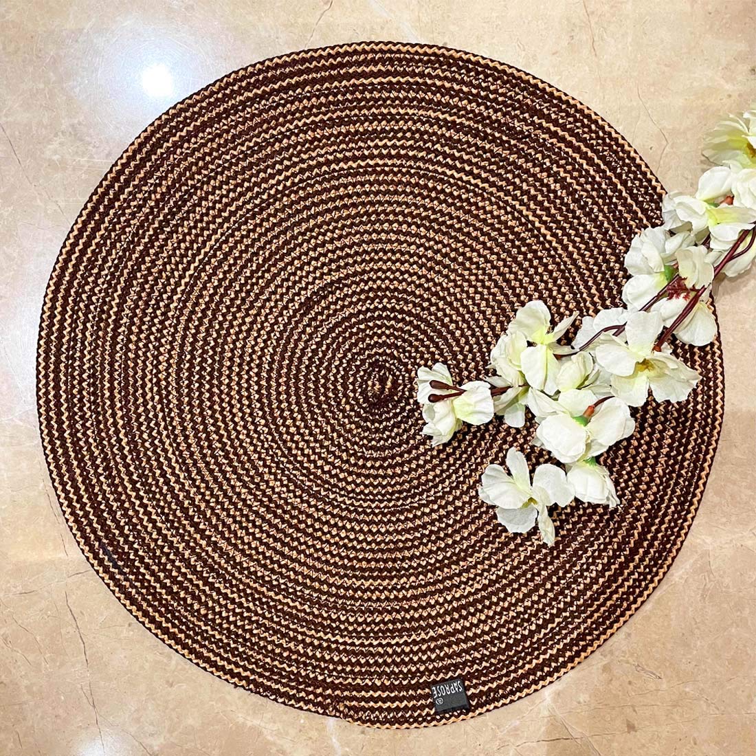 SAPROSE® Polypropylene Multipurpose Braided Round Table Mat (1 PC Pack, 40 cm), Dinning Place mats, Side Table Mat, Doilies, Machine Washable Large Mat for Dining Table (15.5 Dia, Brown-Black) Kafalo