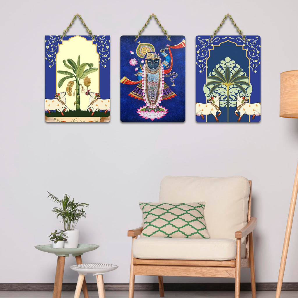 Artvibes Shrinath Ji & Cow Pichwai Art Wooden Art Decoration Item for Home | Spiritual Decor Items | Religious Wall Art | Aesthetic Wooden Decor | Ethnic Wall Decor | Gift Items (WH_96126N), Set of 3