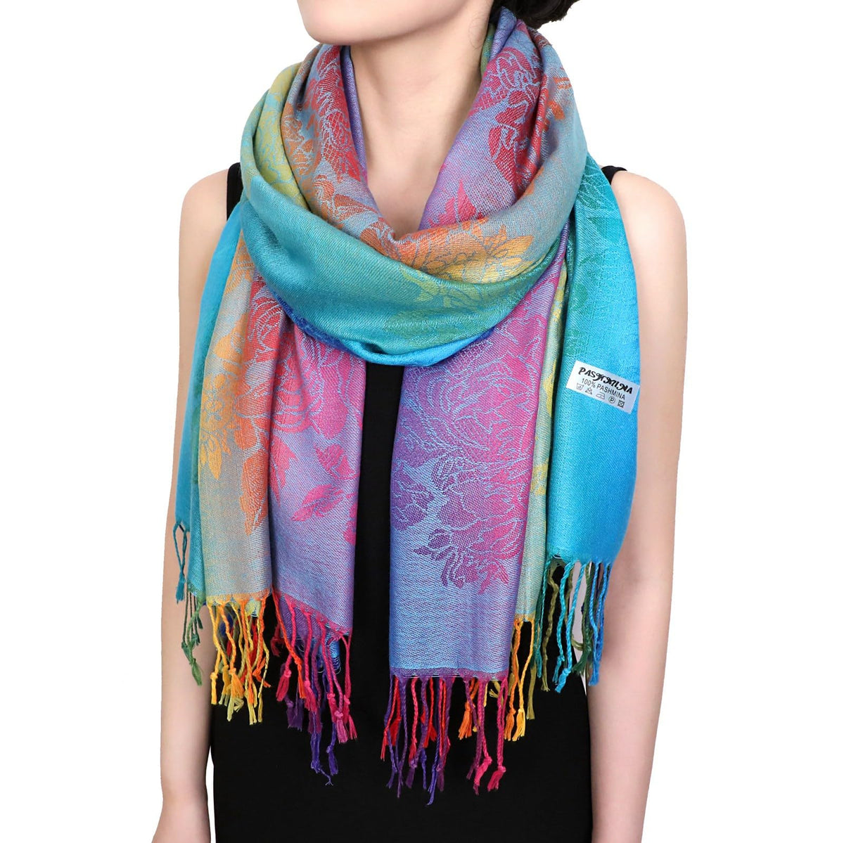 Fashion Colorful flowers Jacquard cotton pashmina Women Wrap Shawl tassels Scarves 75 x 27.5 (THM08-02)
