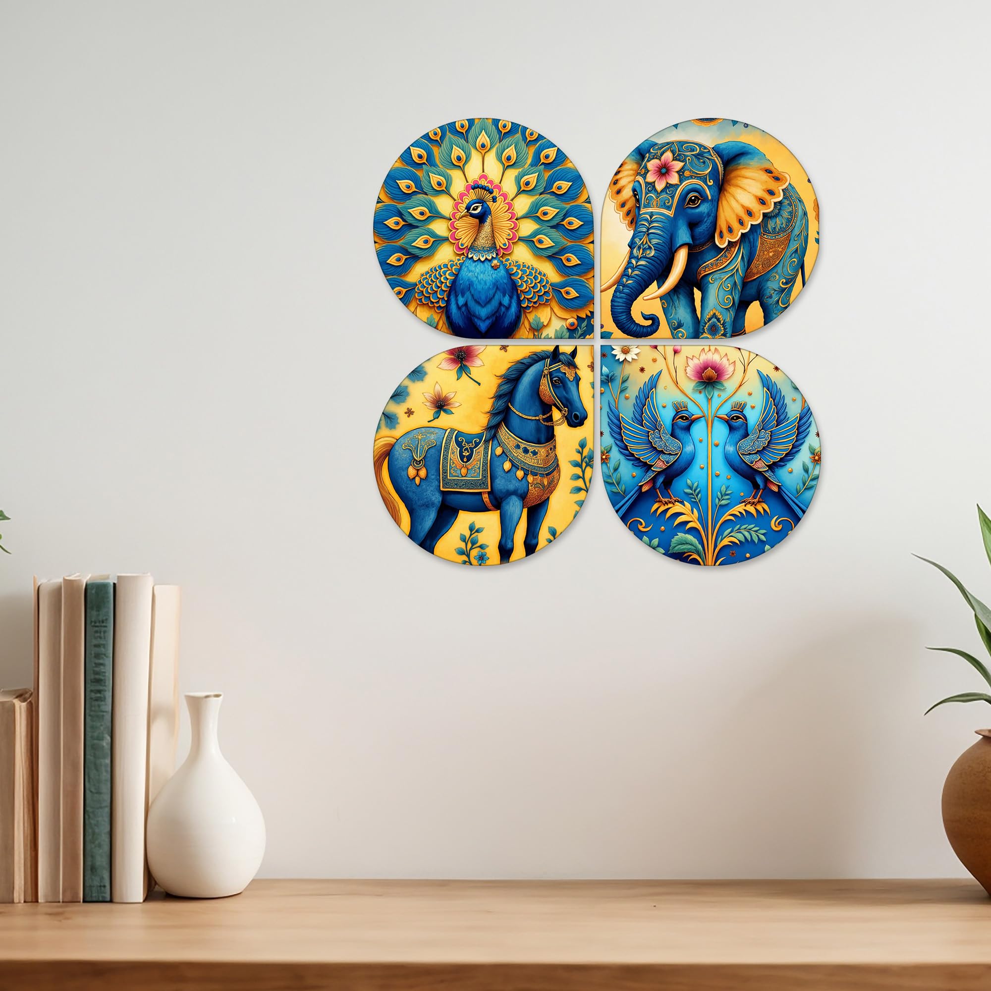 Artvibes Traditional Animal Wooden Art Decoration Item for Living Room | Festive Decor Art | Wall Art Painting For Hall | Graphic Artwork | Wall Illustrations | Gift Items (WH_8467N), Set of 4