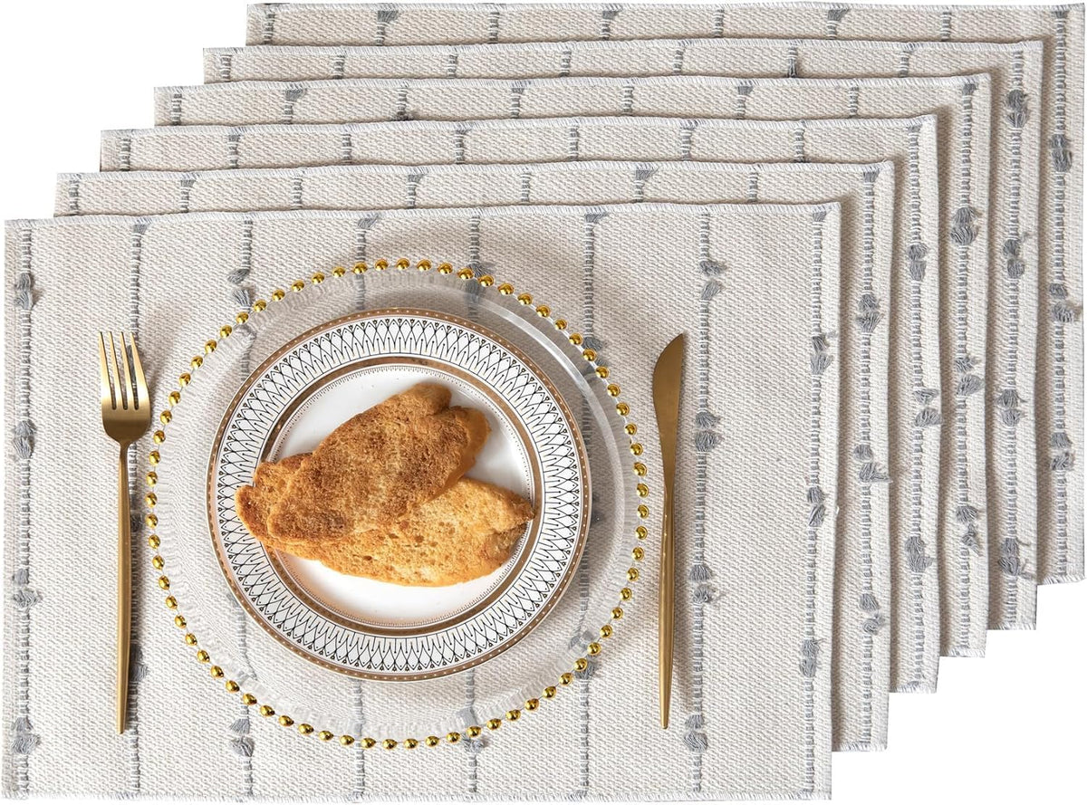 ALSTONIA Handmade Cotton Dining Table Placemats | Heat Resistant Dining Table Place Mats |Kitchen Tabletop|Kitchen Coffee Center Table & Eating Areas (Grey & White, 6 Pcs Placemats) Kafalo