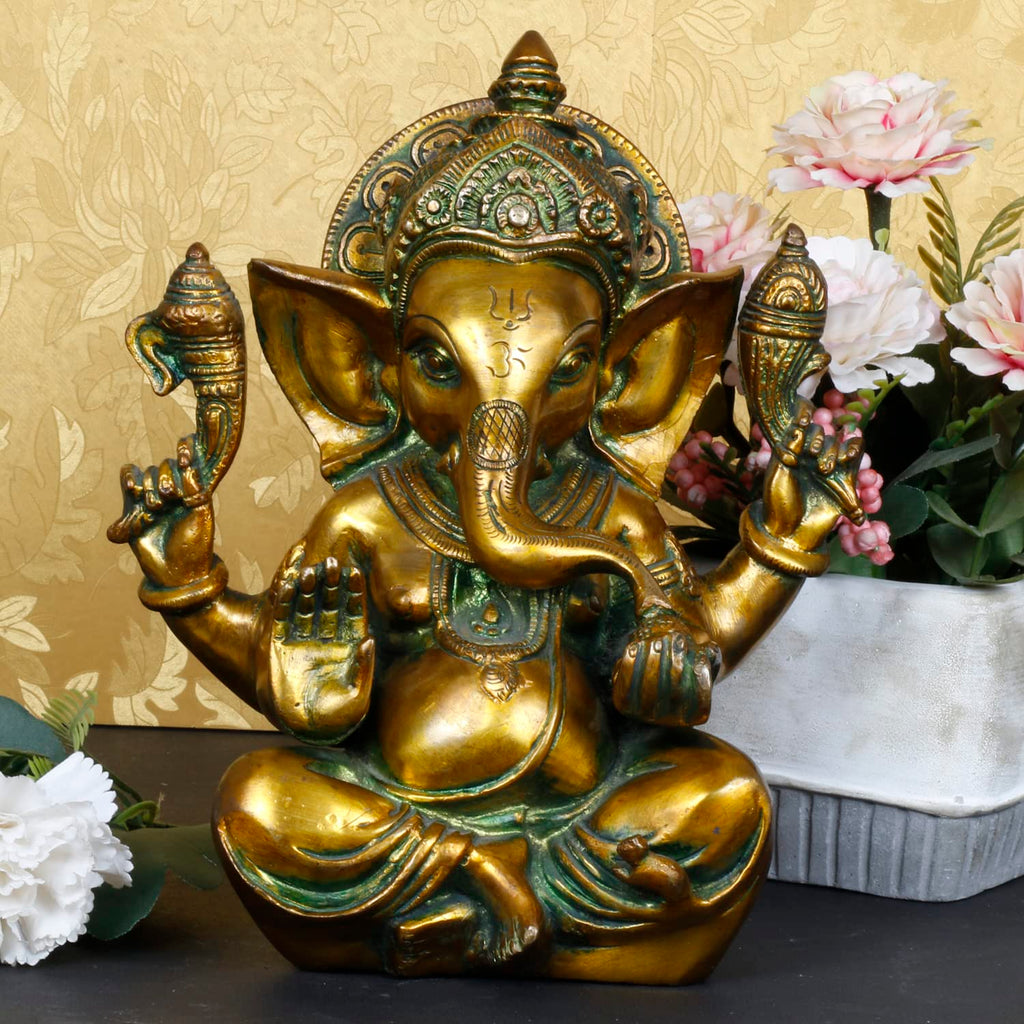 ARTVARKO Brass Taj Ganesha Bhagwan Idol Ganesha Statue Ganpati Murti for Home Entrance Decor Luck Gift Height 8 Inch