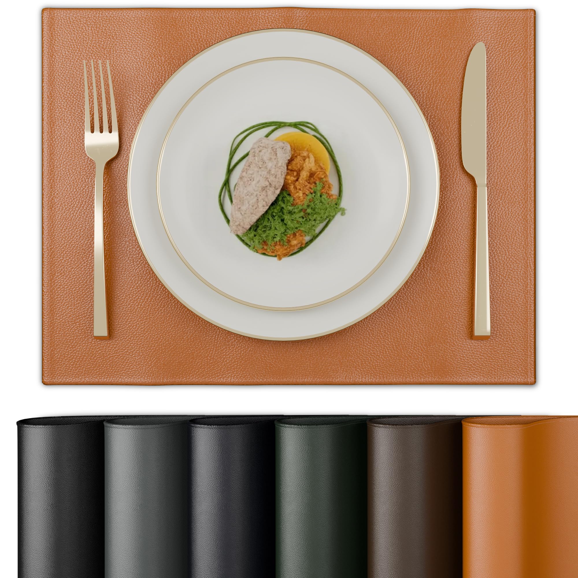 Encasa XO Faux Leather Dining Table Placemats, Water Repellent Tan Kafalo