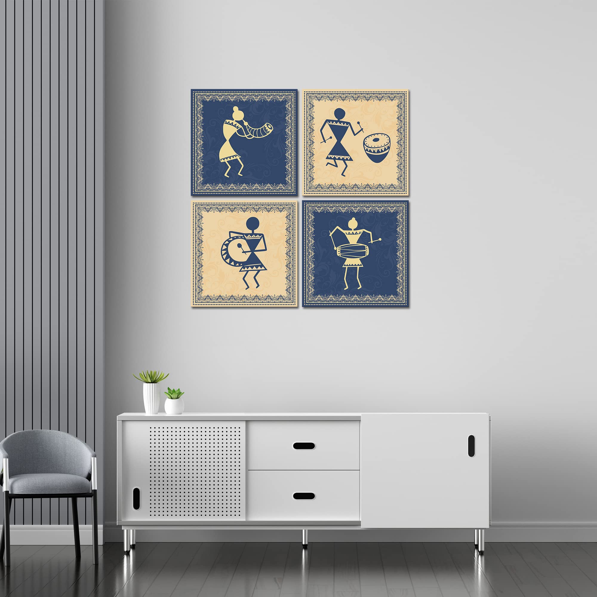 VIBECRAFTS Beautiful 4 Pieces Warli Art Canvas Wall Hanging Painting Fitted With Wooden Frame For Home | Office | Living Room | Gifts (PTVC4Pcs5_16607)