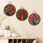 Artvibes Peacock Art Round Shape MDF Wooden Wall Decor Items | Home Decor | Wall Accent | Scenery For Drawing Room | Wall Art Print | Door Hanging Art Items | Unique Gift Items (WH_9904N), Set of 3