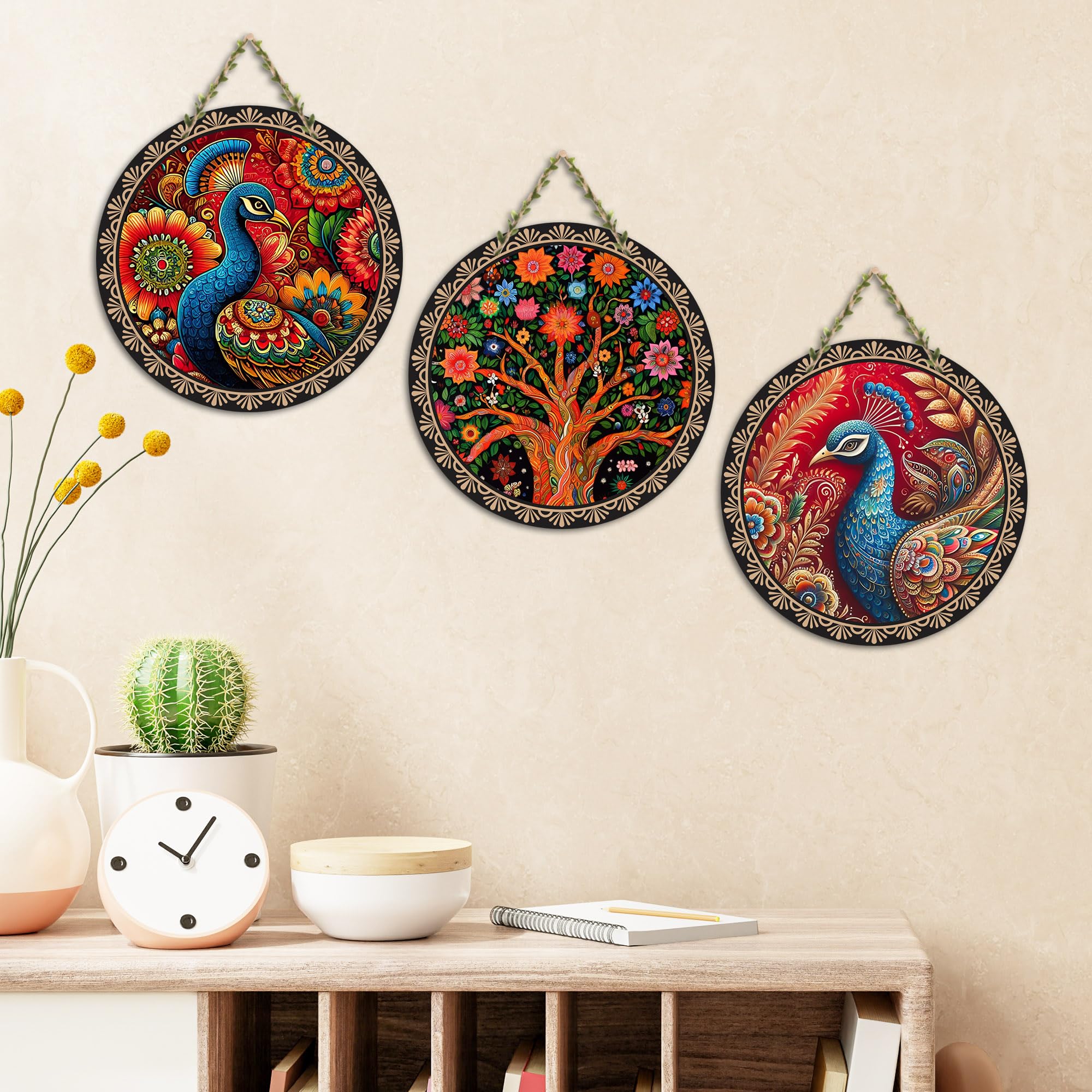 Artvibes Peacock Art Round Shape MDF Wooden Wall Decor Items | Home Decor | Wall Accent | Scenery For Drawing Room | Wall Art Print | Door Hanging Art Items | Unique Gift Items (WH_9904N), Set of 3