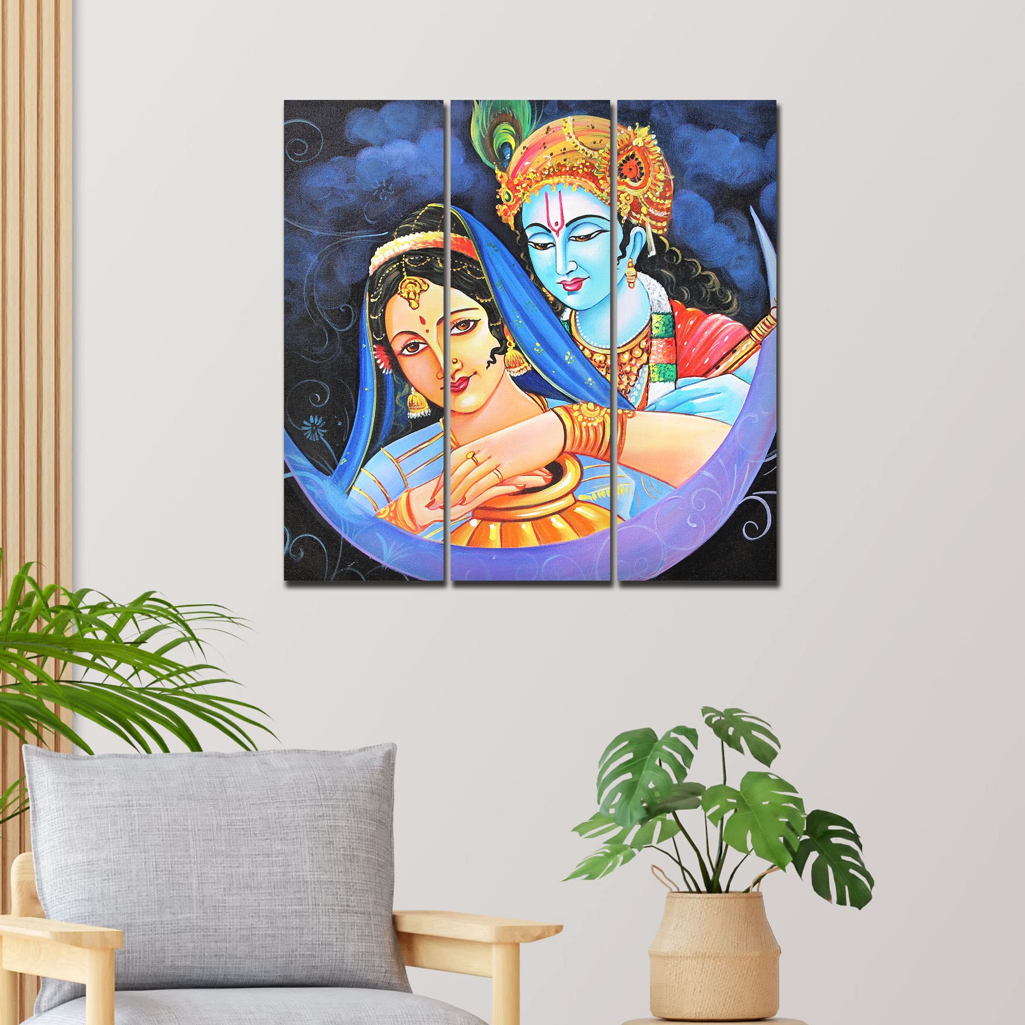 VIBECRAFTS 3 Pieces Radha Krishna Canvas Wall Painting Fitted With Wooden Frame For Home | Office | Living Room | Gifts (PTVC3Pcs1_9546)