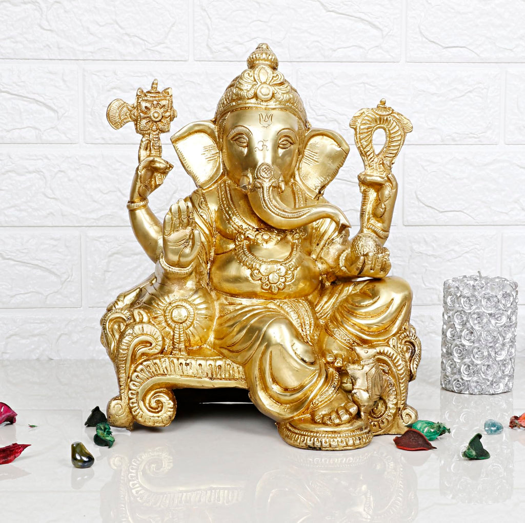 ARTVARKO Brass Lord Ganesh Murti Ganesha Idol Ganpati Vinayak Chaturbhuj Bhagwan Statue for Home Entrance Deco Gift 11.5 Inch.