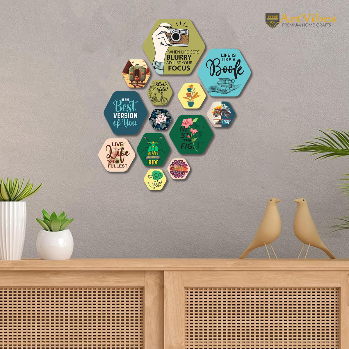 Artvibes Life is Like a Book Decorative Hexagon Shape MDF Wooden Wall Hanging | Quotes Decor Item | Wall Accent | Office Decor | Inspirational Quotes Wall Art | Wall Decoration (WPS_210N), Set of 13