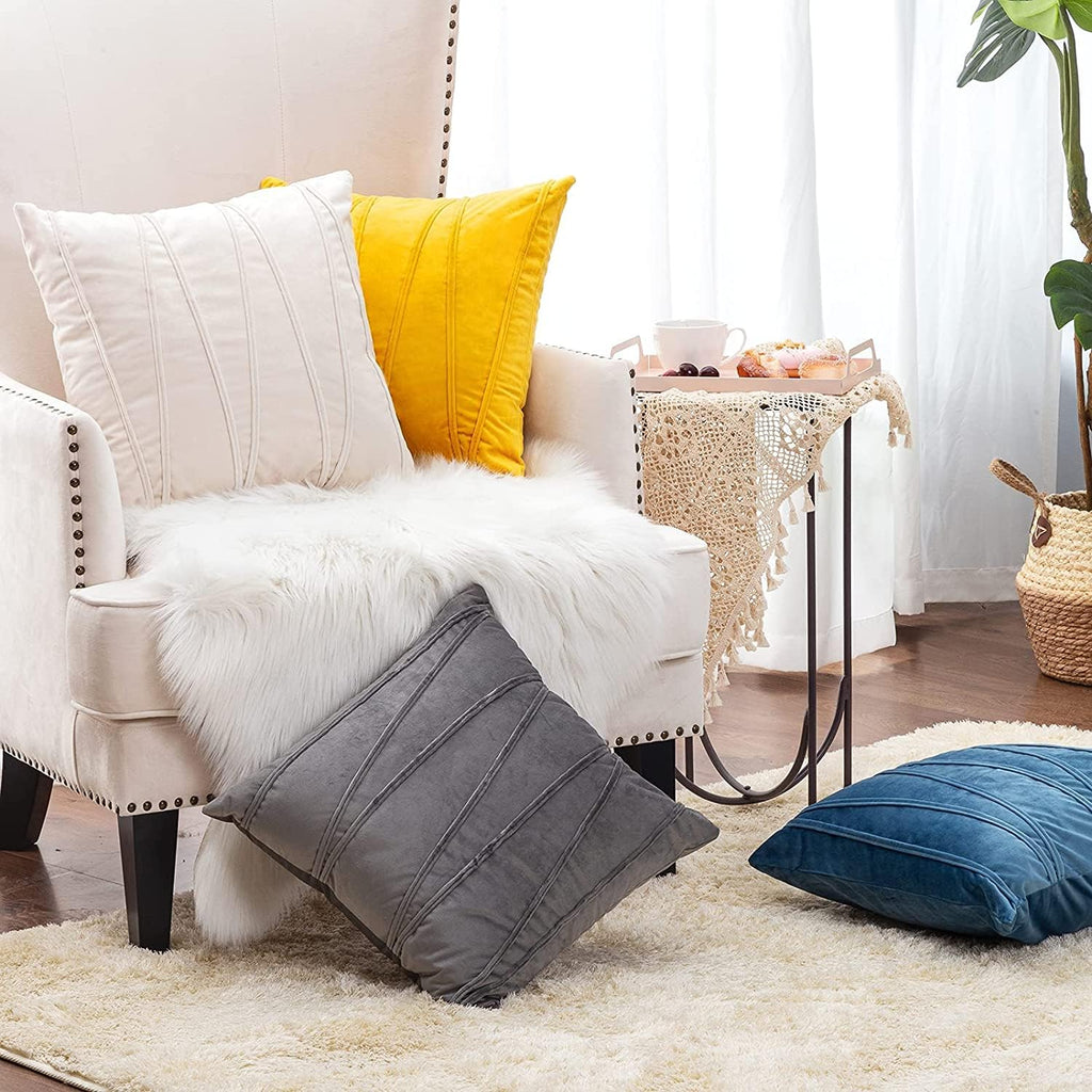 Khooti Velvet Striped Cushion Cover Pack of 1-22X22/56X56 Cm | Orange Yellow | Soft Pillow Covers Cushion Case for Sofa Bedroom Living Room Chair Car, Cushion Cover with Zig Zag Pattern