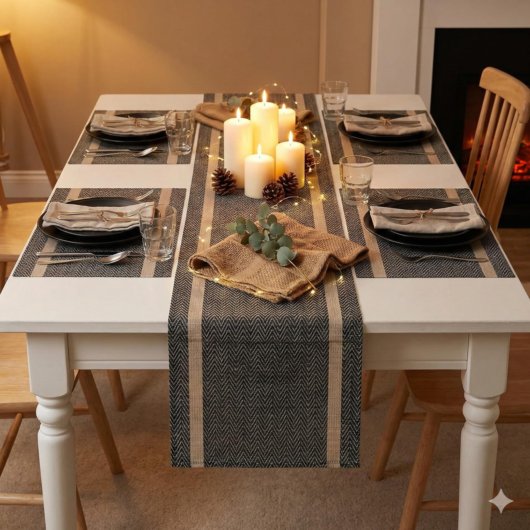YELONA Dining Table Placemats and Runner Set - Heat Resistant, Washable, Stain Resistant Mats - Woven Vinyl Plastic - Easy to Clean-(45x30 cm 4 Placemats, 135x30 cm 1 Runner)-Ideal for Stylish Dining Kafalo