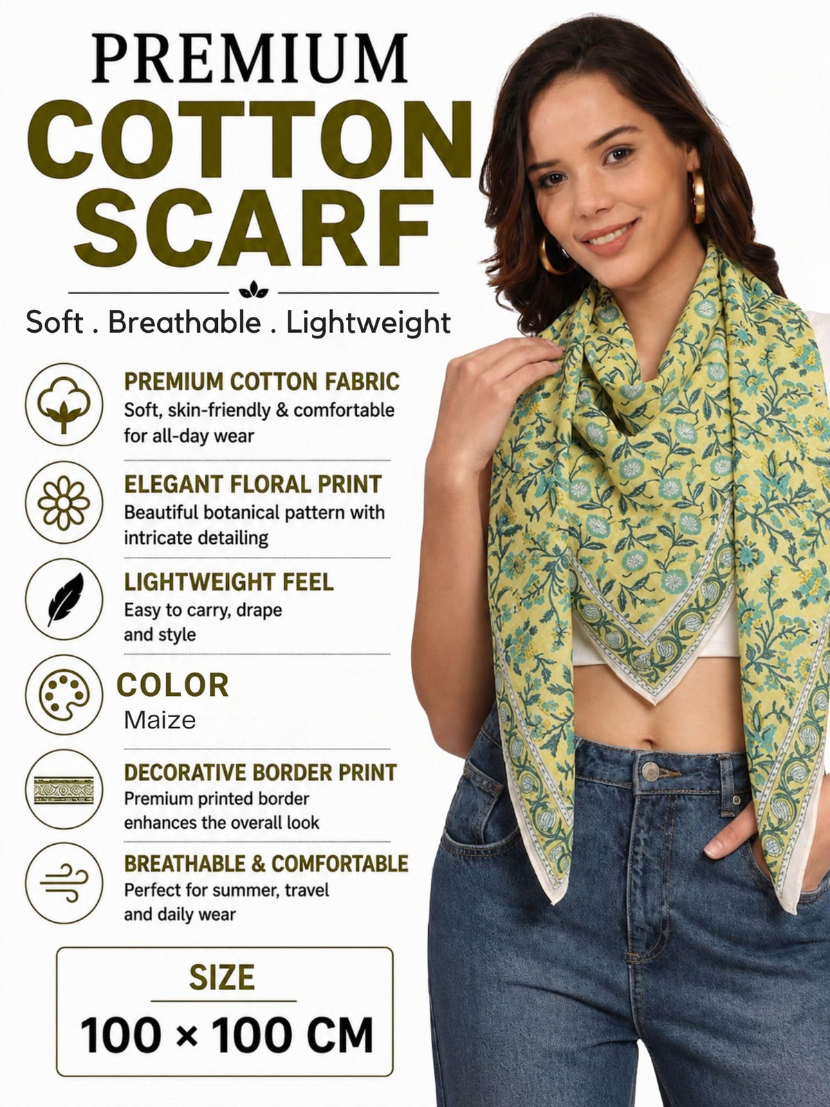 GALE GIRLS Cotton Scarf for Women|Stole for Women|Boho Scarf|Beach Wear|40x40 Inch