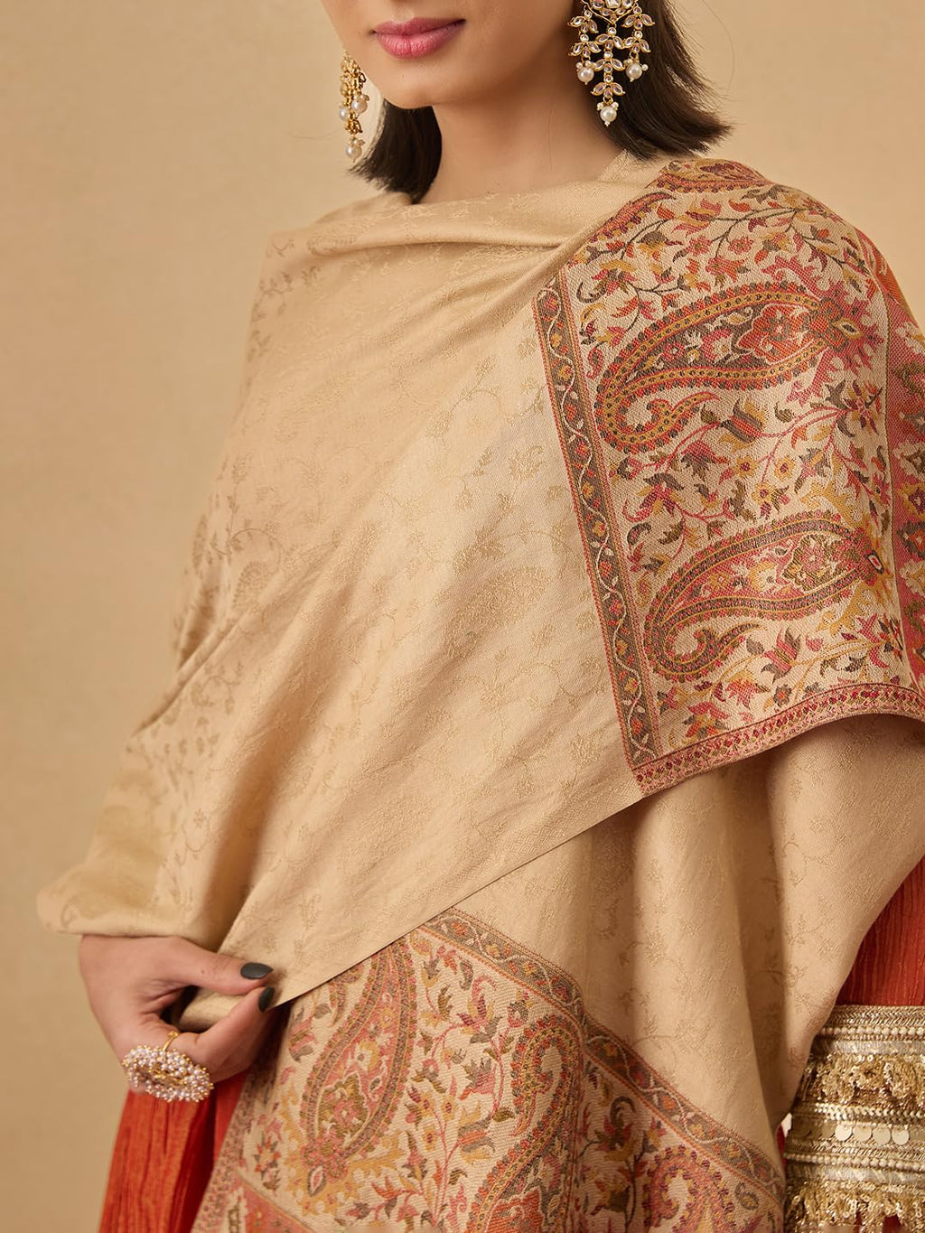 Pashmoda Women Gulpari Kaani Stole, Authentic Kashmiri Luxury Pashmina Style Shawl, Stole, (Size 28x80 Inches, Beige Color) MAVST06