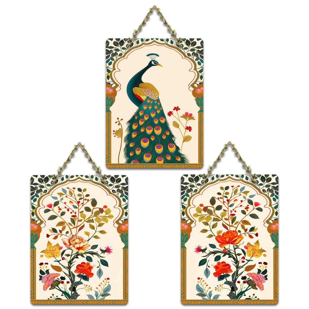 Artvibes Peacock Madhubani Art Home Wooden Art Decoration Item for Living Room | Room Wall Art | Wood Decorative Items | Modern Decoration | Wall Art Print | Unique Gift Items (WH_96147N), Set of 3