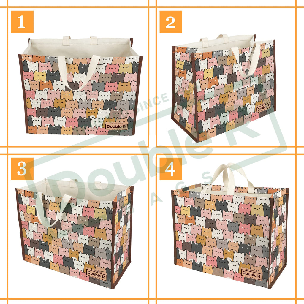 DOUBLE R BAGS Heavy Duty Cotton Canvas Grocery Shopping Bag | Eco-Friendly Cloth Tote for Vegetables, Milk, Fruits & Lunch | 33x44.4x20.3cm | 1 Compartment | Pack of 2 Catkitten Print