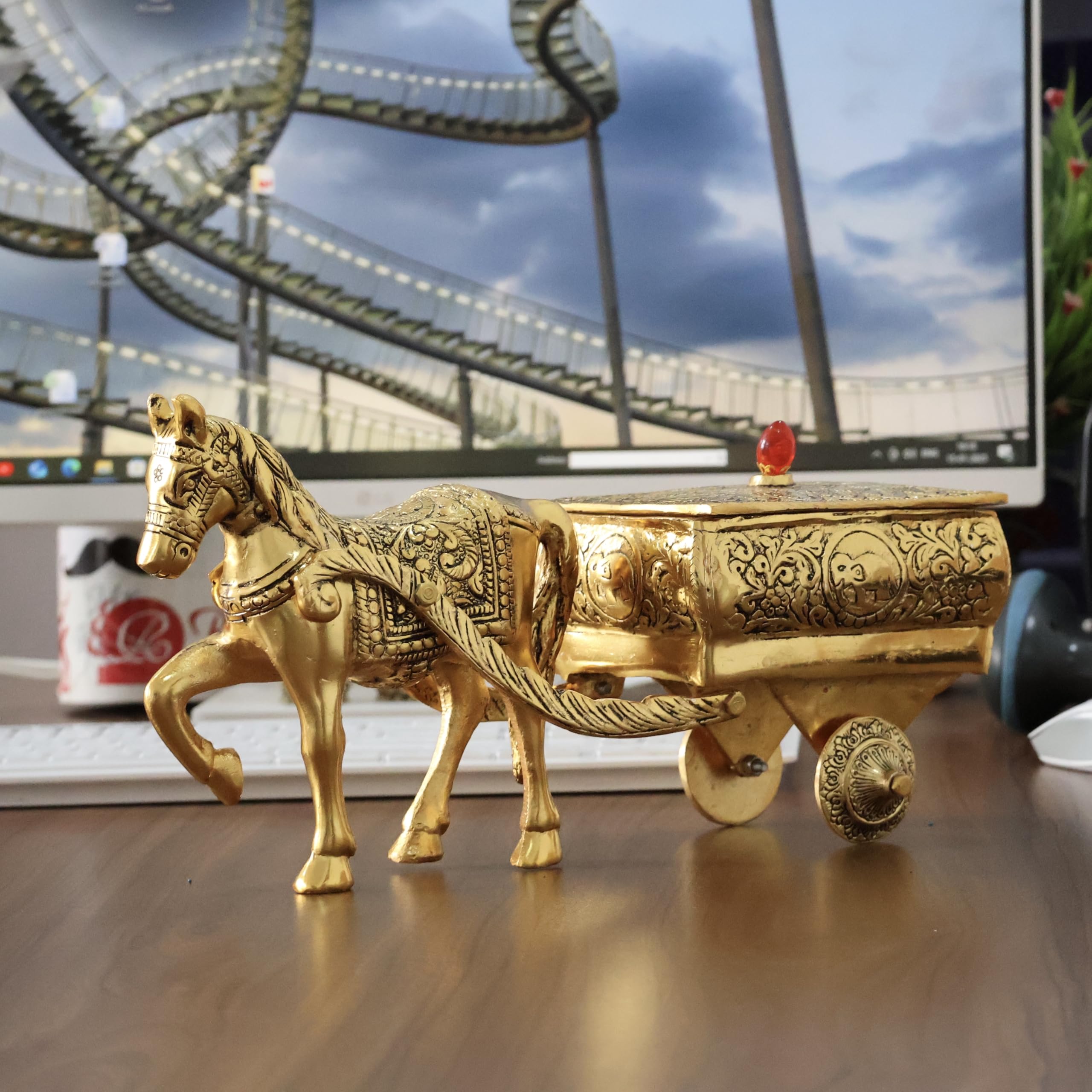KridayKraft Horse Cart Aluminium Statue Gold Plated Horse Cart Murti Showpiece Religious Figurines Gift Article for Home and Office Table and Car Dashboard Decor (Golden)