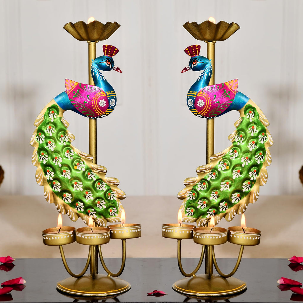 CraftVatika Elegant Metal Peacock Candle Holder -for Home Decoration Diwali, Intricate Design Tealight Candle Holders for Home Diwali Decor, Handpainted Tealight Candle Holder (Double Side)