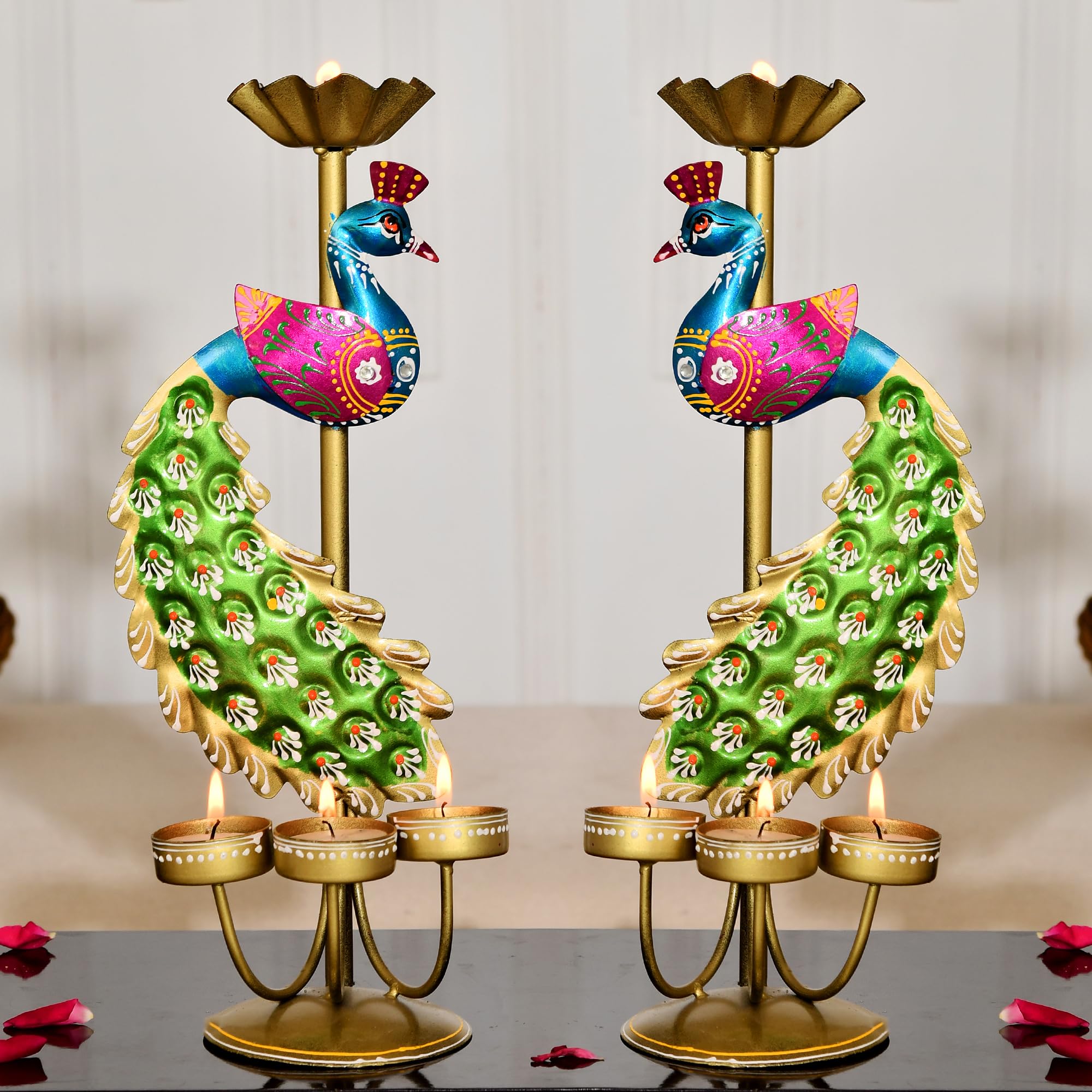 CraftVatika Elegant Metal Peacock Candle Holder -for Home Decoration Diwali, Intricate Design Tealight Candle Holders for Home Diwali Decor, Handpainted Tealight Candle Holder (Double Side)