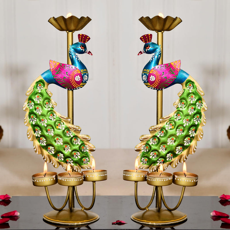CraftVatika Elegant Metal Peacock Candle Holder -for Home Decoration Diwali, Intricate Design Tealight Candle Holders for Home Diwali Decor, Handpainted Tealight Candle Holder (Double Side)