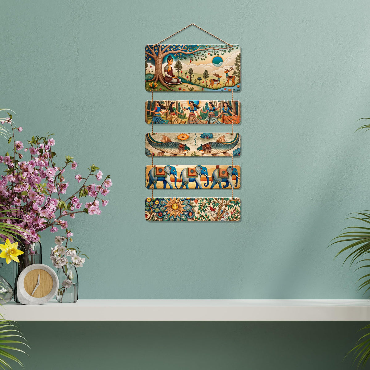Artvibes Buddha, Elephant & Tribal Dance Wooden Wall Haning for Living Room | Spiritual Decor Items | Wall Art Painting For Hall | Wall Paintings | Handcrafted Art | Wall Poster | Gift Item (WH_6726N)