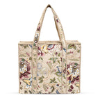 MITTICO Quilted Cotton Tote Bag – Handmade Large Travel Shoulder Bag with Zipper & Pockets – Lightweight, Durable & Stylish for Daily Use (Beige Botanica)