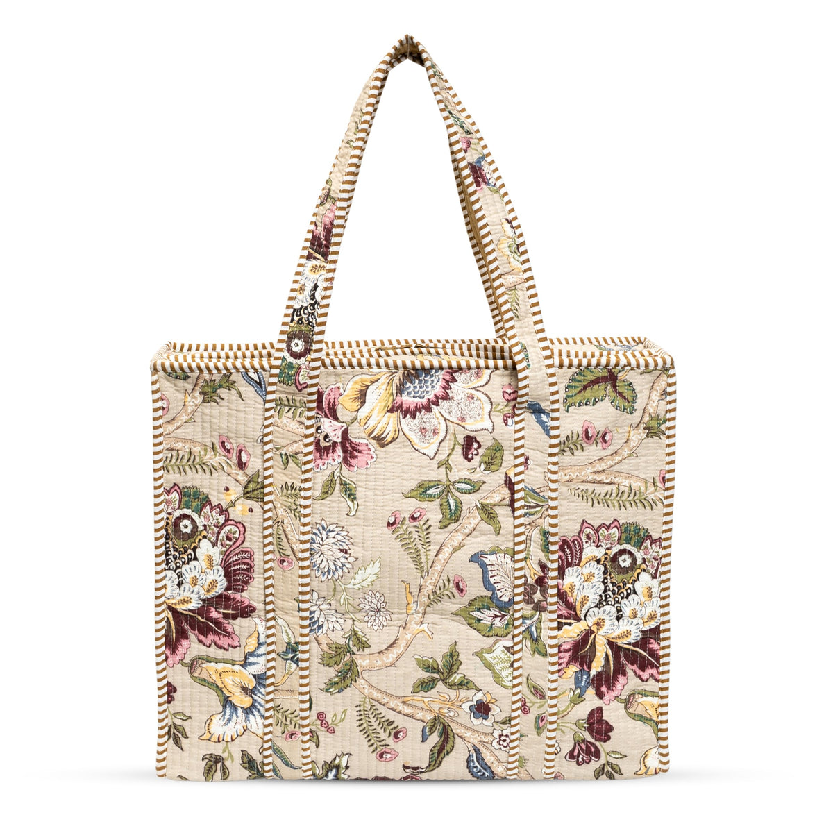 MITTICO Quilted Cotton Tote Bag – Handmade Large Travel Shoulder Bag with Zipper & Pockets – Lightweight, Durable & Stylish for Daily Use (Beige Botanica)