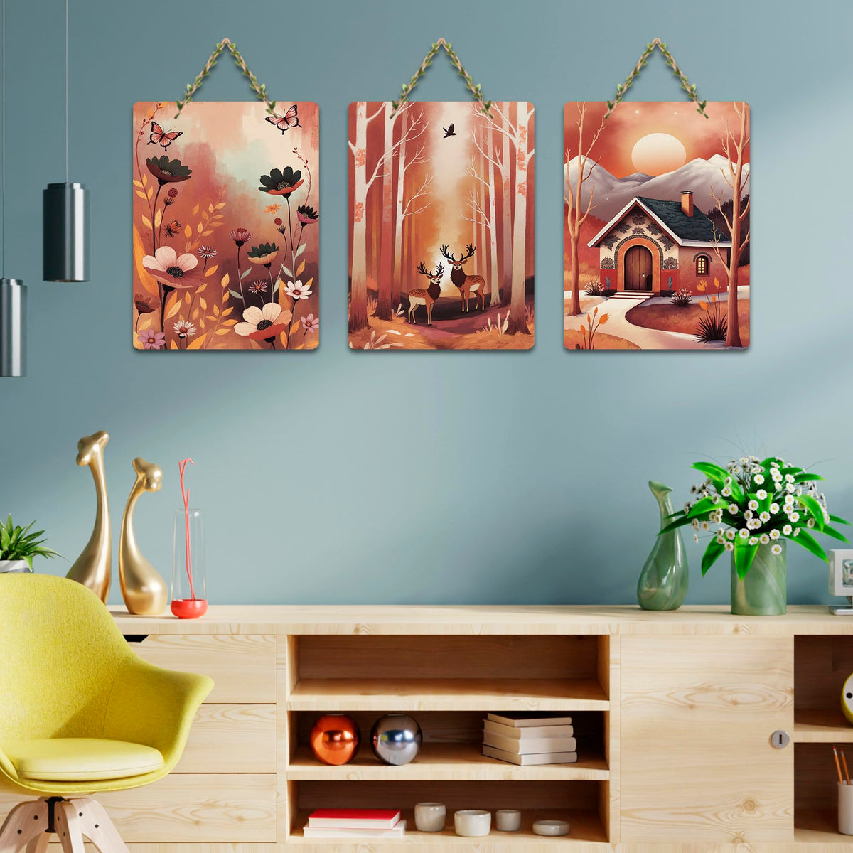 Artvibes Autumn Forest Floral Sunset & Cottage Decorative Wall Art MDF Wooden Wall Hanger for Living Room | Wall Accent | Sceneries | Wall Art Print | Graphic Artwork | Gift Items (WH_9665N), Set of 3