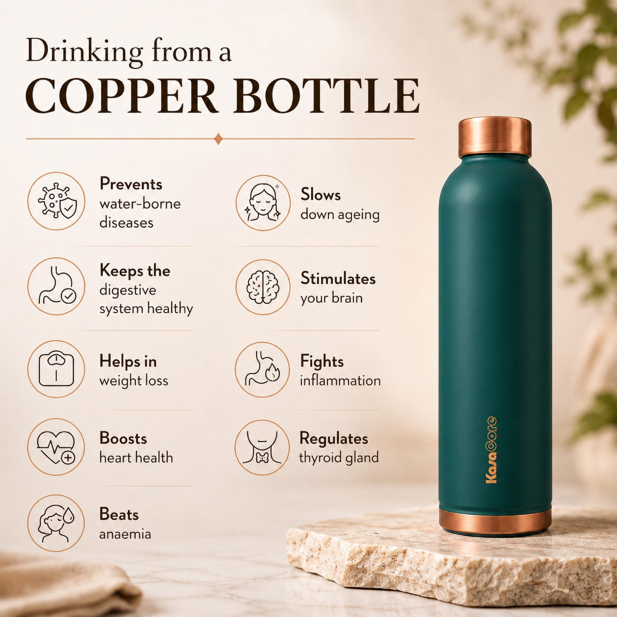 KasaCore Premium Copper Water Bottle 750 ml 99% Pure Copper | Leakproof Bottle with Matte Black Finish for Office Gym Travel Daily Use (Green)