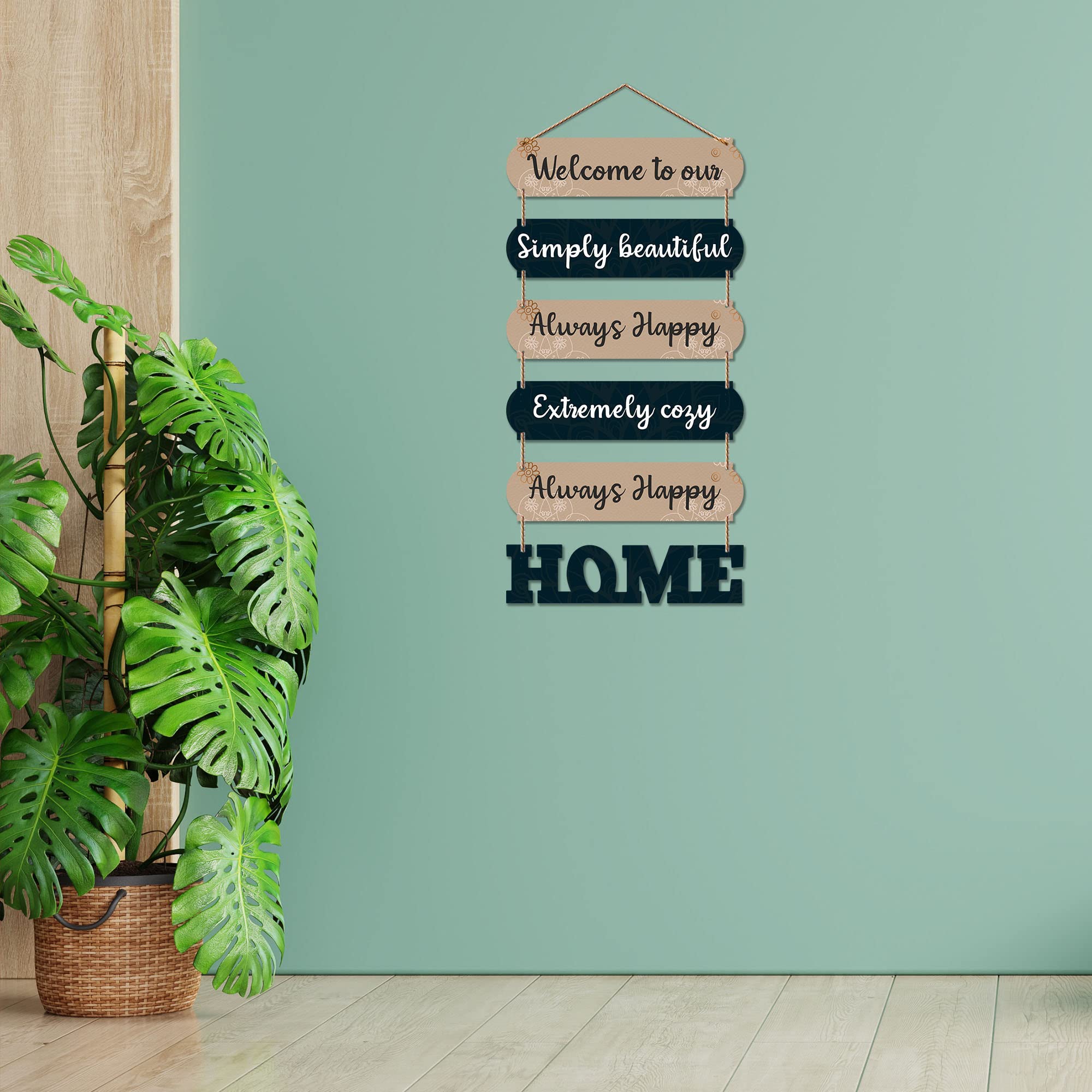 Artvibes Welcome To Our Always Happy Home Wooden Wall Hanger for Gateway | Decor Hanging Ornaments | Door Quotes Hanging | Wall Poster | Modern Decor Items | Gift Items for Home Decor (WH_6609N)