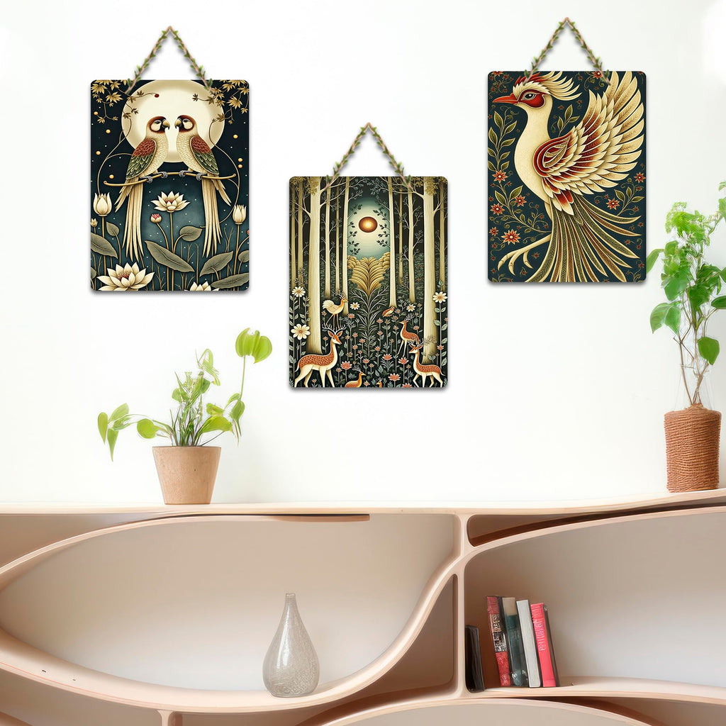 Artvibes Moonlit Love Birds & Mystical Deer Forest Wooden Art Decoration Item for Living Room | Wall Accent | Sceneries | Wall Illustrations | Graphic Artwork | Unique Gift Items (WH_9668N), Set of 3