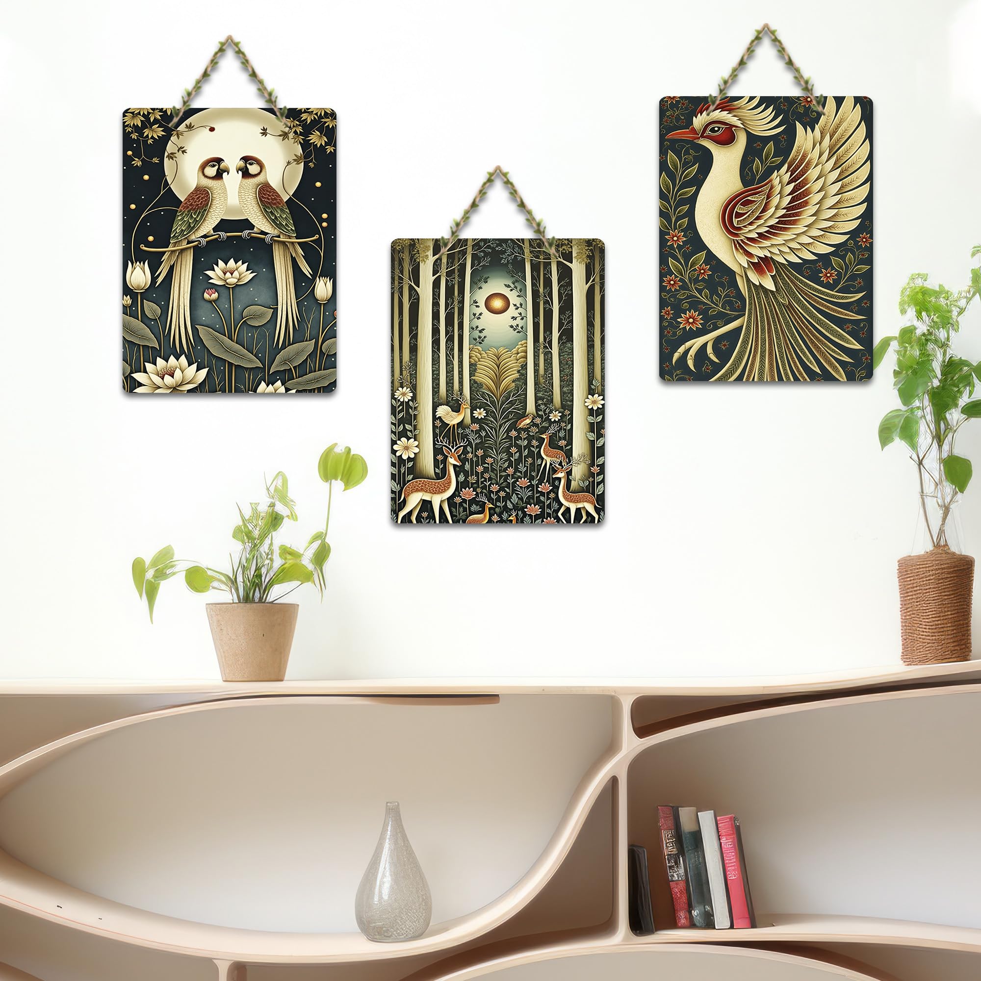 Artvibes Moonlit Love Birds & Mystical Deer Forest Wooden Art Decoration Item for Living Room | Wall Accent | Sceneries | Wall Illustrations | Graphic Artwork | Unique Gift Items (WH_9668N), Set of 3