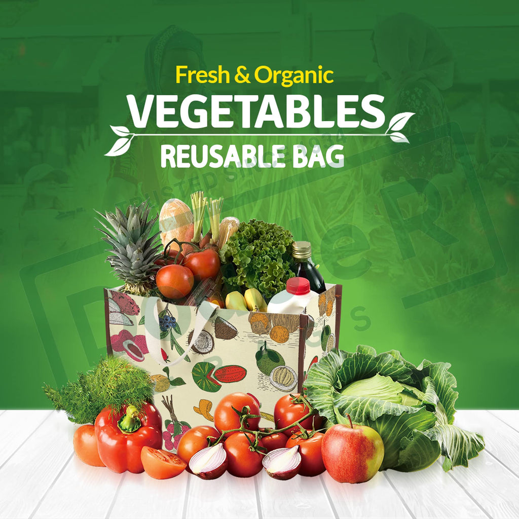 DOUBLE R BAGS Heavy Duty Cotton Canvas Grocery Shopping Bag | Eco-Friendly Cloth Tote for Vegetables, Milk, Fruits & Lunch | 44 x 20 x 33cm | 1 Compartment | Pack of 1 Fruit Print